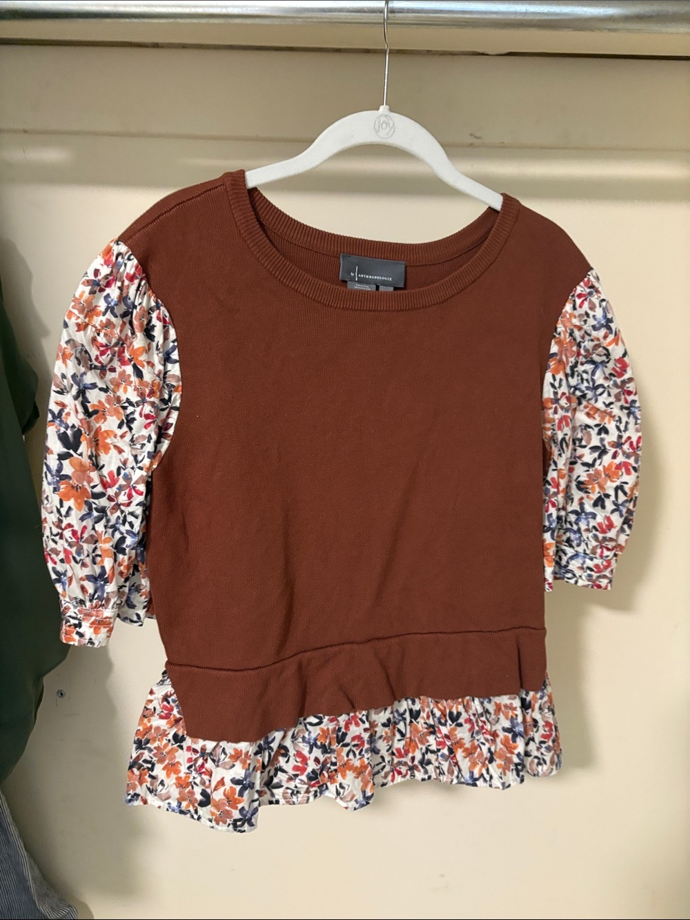 Anthropologie Rust Brown Sweatshirt with Floral Puff Sleeves
